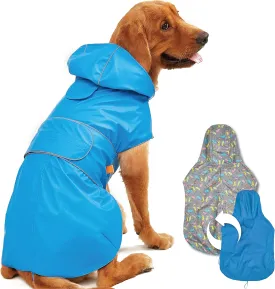 Dog Raincoat Reversible, Single Side Slicker Poncho Adjustable Waterproof Dog Rain Jacket with Leash Hole/Reflective Stripe Hooded Snowproof Windproof Clothes for Small to 3X-Large Dogs, 2XL