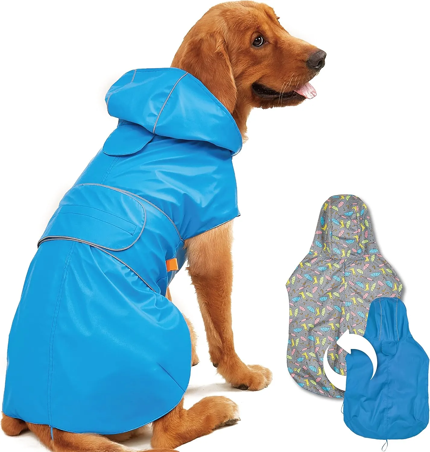 Dog Raincoat Reversible, Single Side Slicker Poncho Adjustable Waterproof Dog Rain Jacket with Leash Hole/Reflective Stripe Hooded Snowproof Windproof Clothes for Small to 3X-Large Dogs, 2XL
