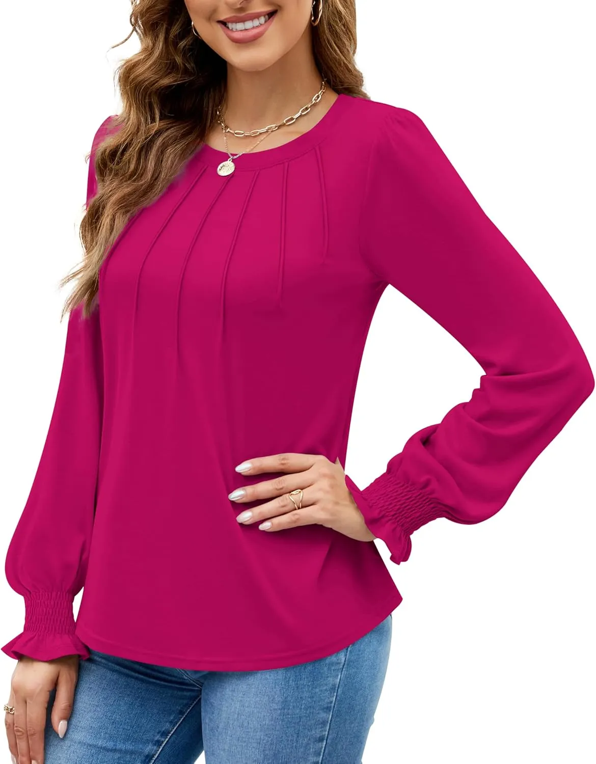 Funlingo Womens Long Sleeve Tops Fashion Fall Shirts Scoop Neck Pleated Ruffle Loose Tunic Tops Business Work Blouse