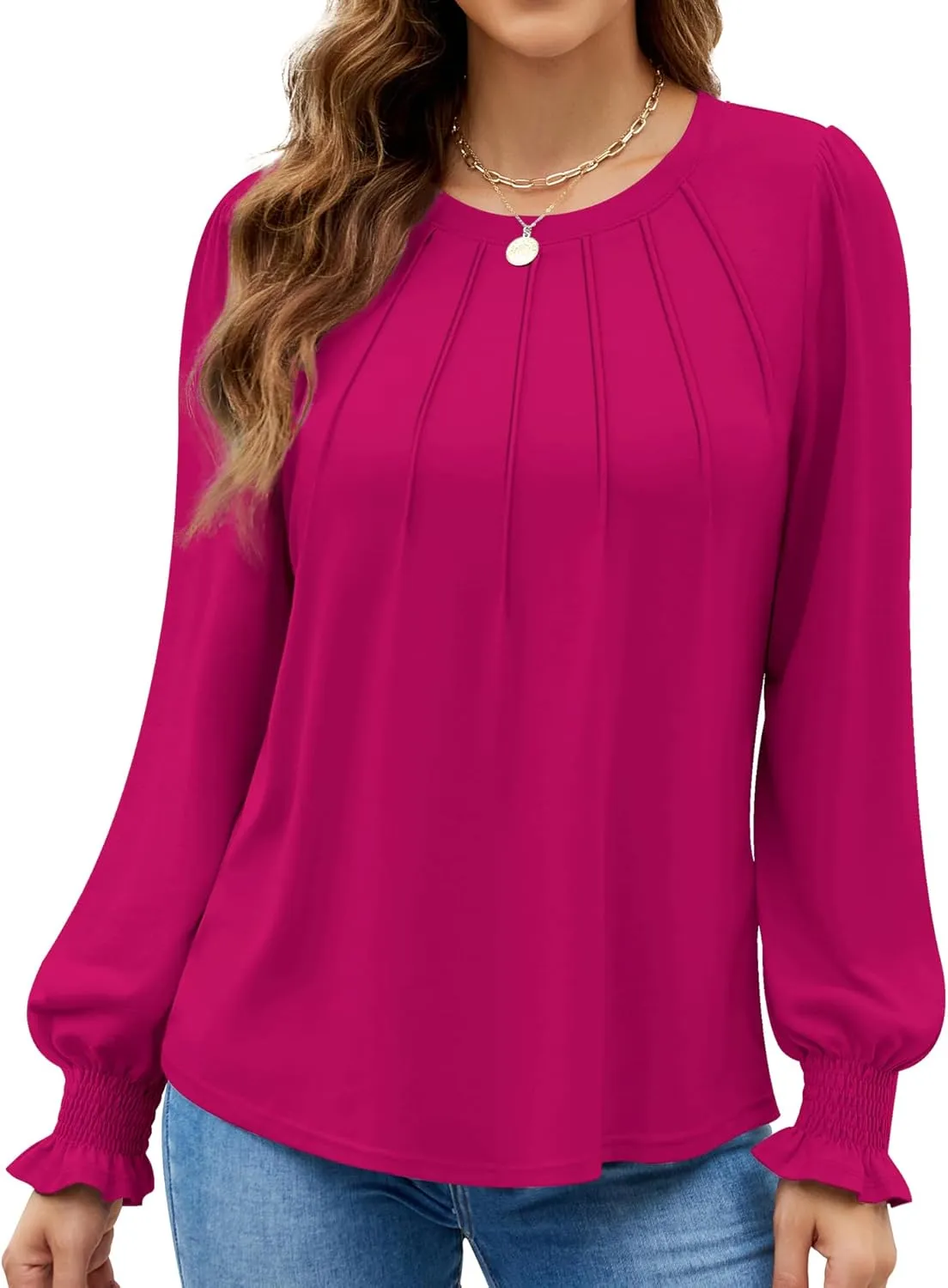 Funlingo Womens Long Sleeve Tops Fashion Fall Shirts Scoop Neck Pleated Ruffle Loose Tunic Tops Business Work Blouse