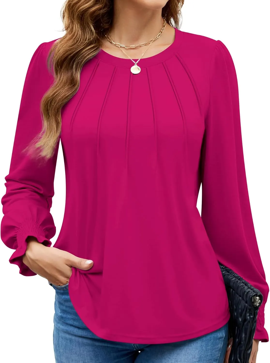 Funlingo Womens Long Sleeve Tops Fashion Fall Shirts Scoop Neck Pleated Ruffle Loose Tunic Tops Business Work Blouse