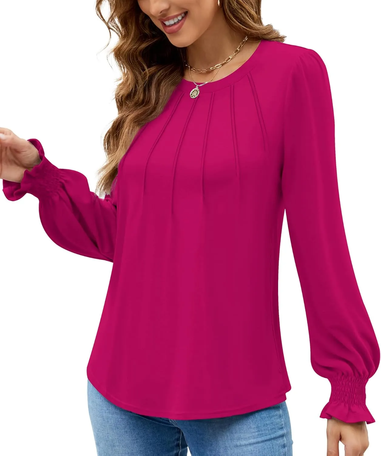 Funlingo Womens Long Sleeve Tops Fashion Fall Shirts Scoop Neck Pleated Ruffle Loose Tunic Tops Business Work Blouse