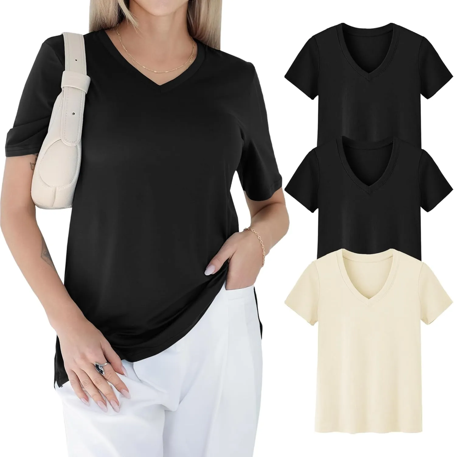 GAYHAY 3 Pack V Neck T Shirts for Women - Casual Loose Fit Spring Summer Tops Trendy Soft Short Sleeve Basics Tees 2025