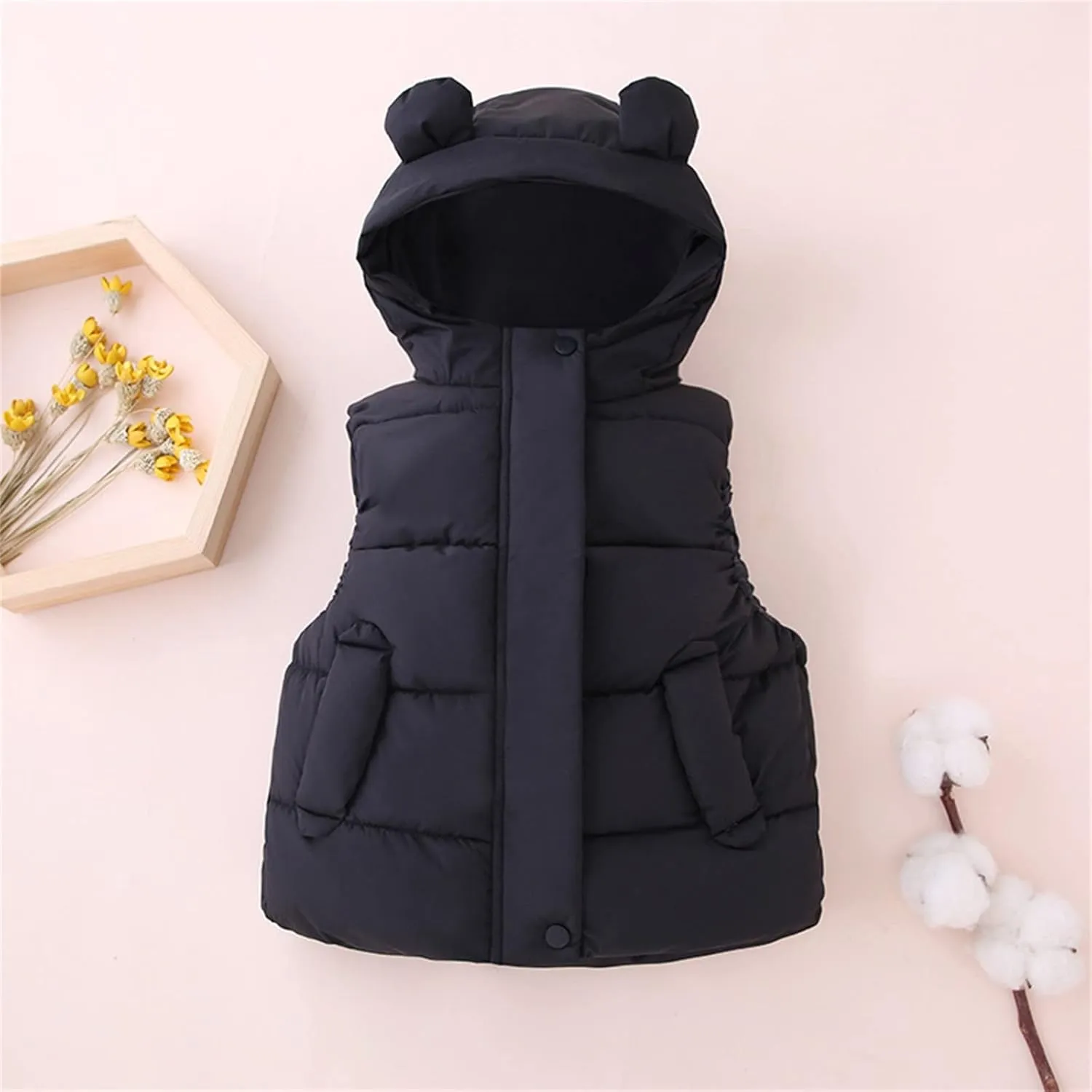 Girl Coats Lightweight Bear Ears Hooded Sleeveless Padded Vest Jacket Winter Warm Waist Coat With Pocket