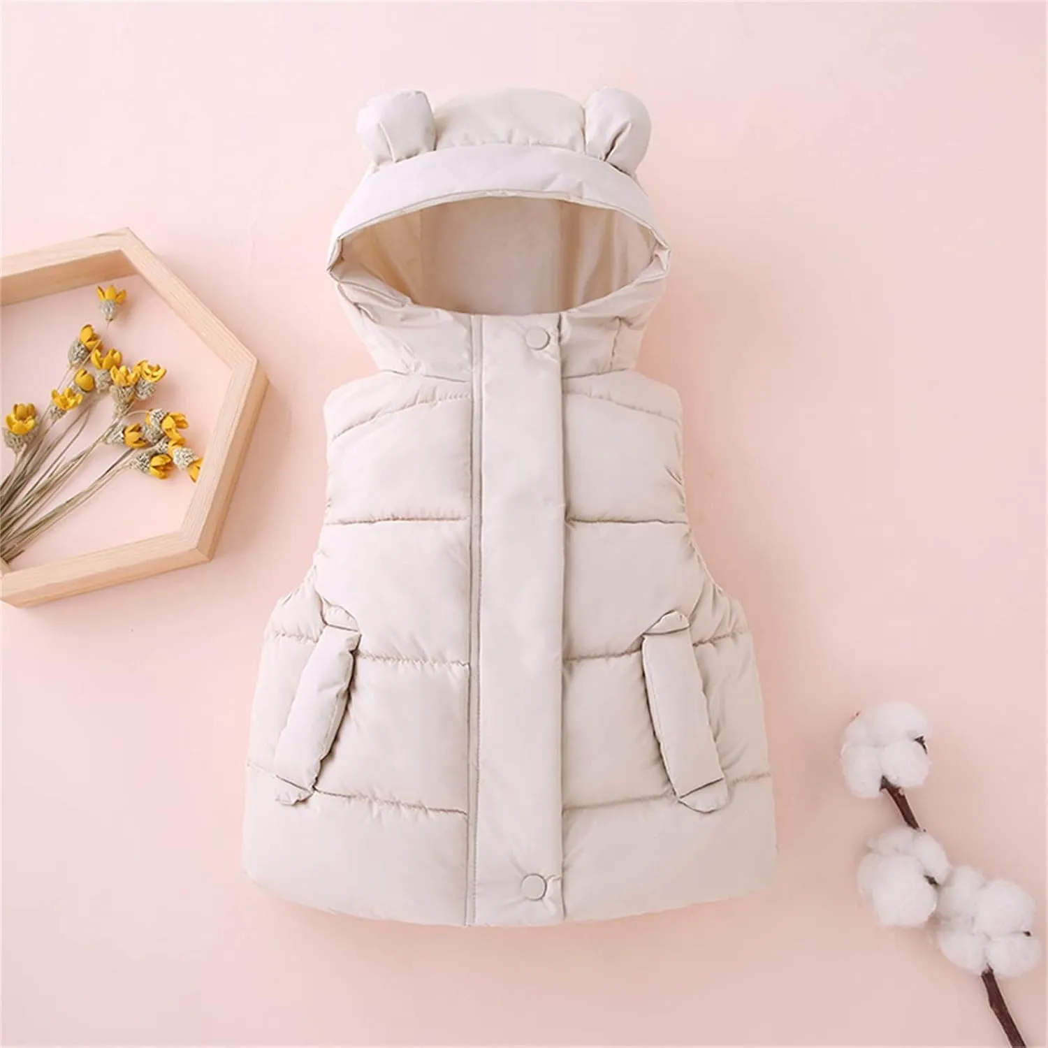 Girl Coats Lightweight Bear Ears Hooded Sleeveless Padded Vest Jacket Winter Warm Waist Coat With Pocket