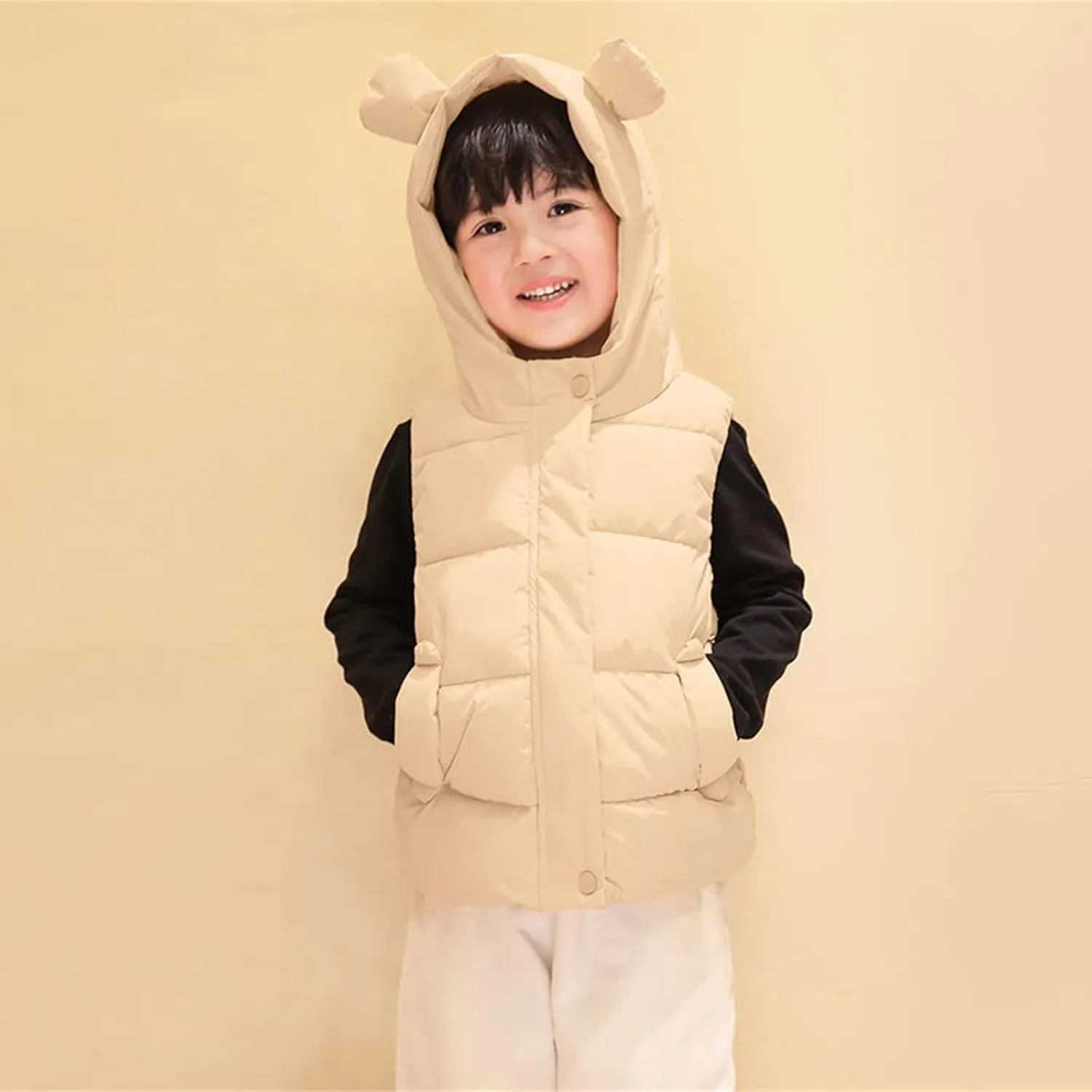 Girl Coats Lightweight Bear Ears Hooded Sleeveless Padded Vest Jacket Winter Warm Waist Coat With Pocket