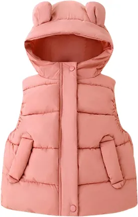 Girl Coats Lightweight Bear Ears Hooded Sleeveless Padded Vest Jacket Winter Warm Waist Coat With Pocket