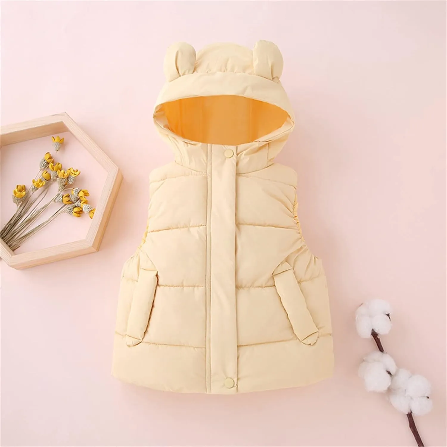 Girl Coats Lightweight Bear Ears Hooded Sleeveless Padded Vest Jacket Winter Warm Waist Coat With Pocket