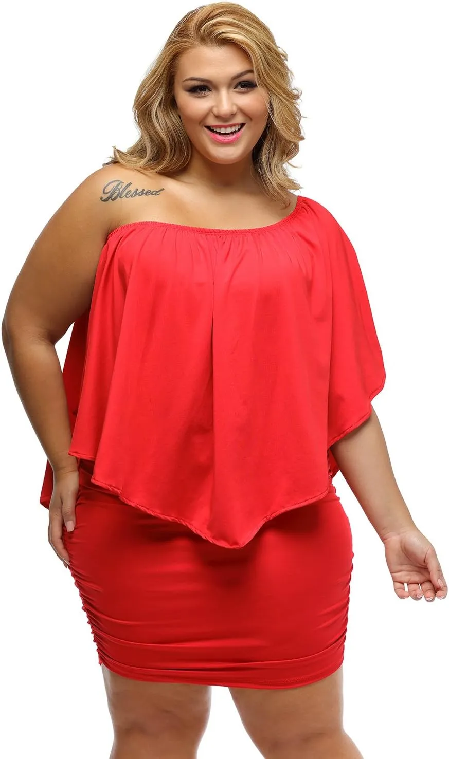 Gloria&Sarah Women's Sexy Off Shoulder Ruffles Multiple Dressing Layered Plus Size Mini Dress