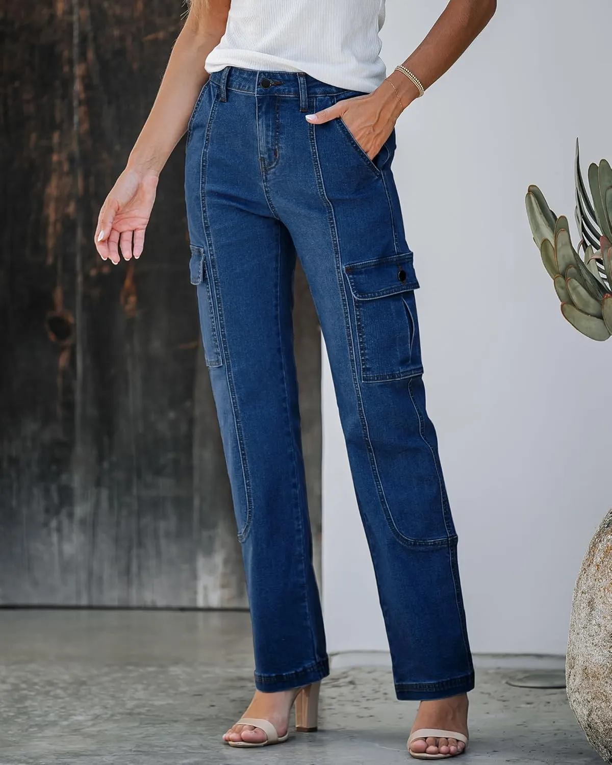 GRAPENT Womens Cargo Pants Casual High Waisted Baggy Stretch Straight Leg Trousers Western Outfit Y2K Pants with Pockets