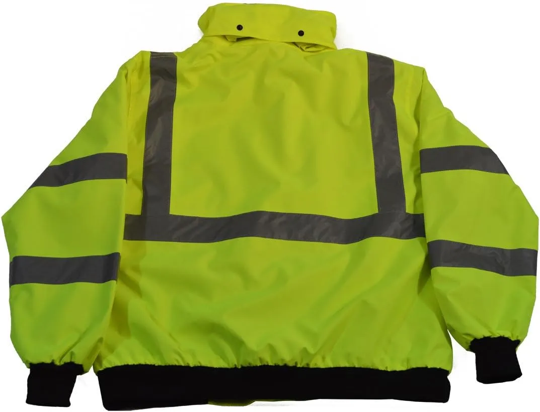 LBJ-C3-3X Waterproof Safety Bomber Jacket High-Vis Lime ANSI Class 3, with Removable Fleece Liner & Roll Away Hood, 3X