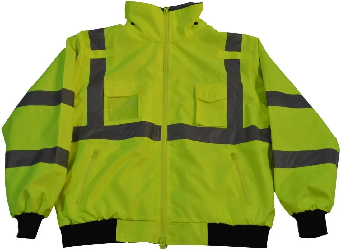 LBJ-C3-3X Waterproof Safety Bomber Jacket High-Vis Lime ANSI Class 3, with Removable Fleece Liner & Roll Away Hood, 3X