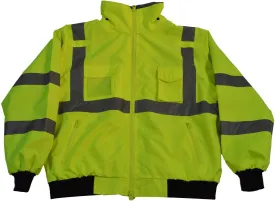 LBJ-C3-3X Waterproof Safety Bomber Jacket High-Vis Lime ANSI Class 3, with Removable Fleece Liner & Roll Away Hood, 3X