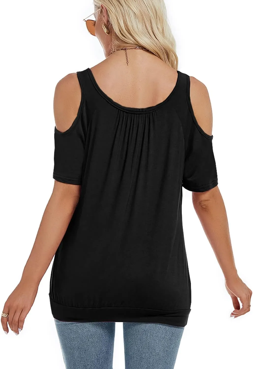 LEIYEE Womens Cold Shoulder Tops Summer Sexy Casual Short Sleeve Ruched Scoop Neck Banded Bottom Shirts Blouse