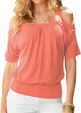 LEIYEE Womens Cold Shoulder Tops Summer Sexy Casual Short Sleeve Ruched Scoop Neck Banded Bottom Shirts Blouse