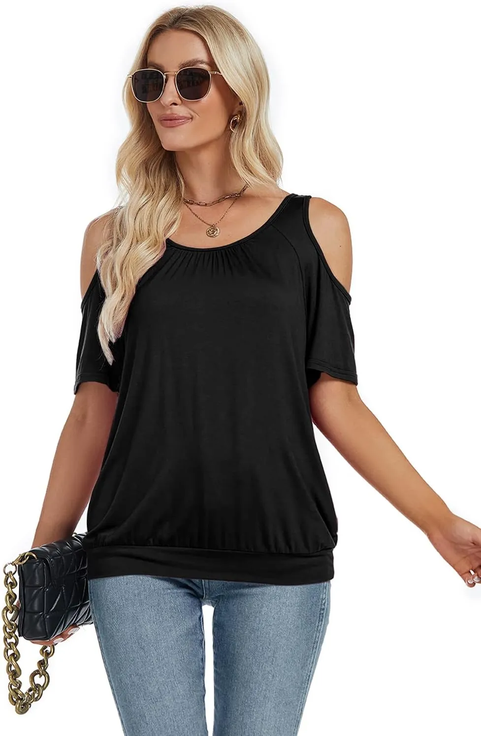 LEIYEE Womens Cold Shoulder Tops Summer Sexy Casual Short Sleeve Ruched Scoop Neck Banded Bottom Shirts Blouse