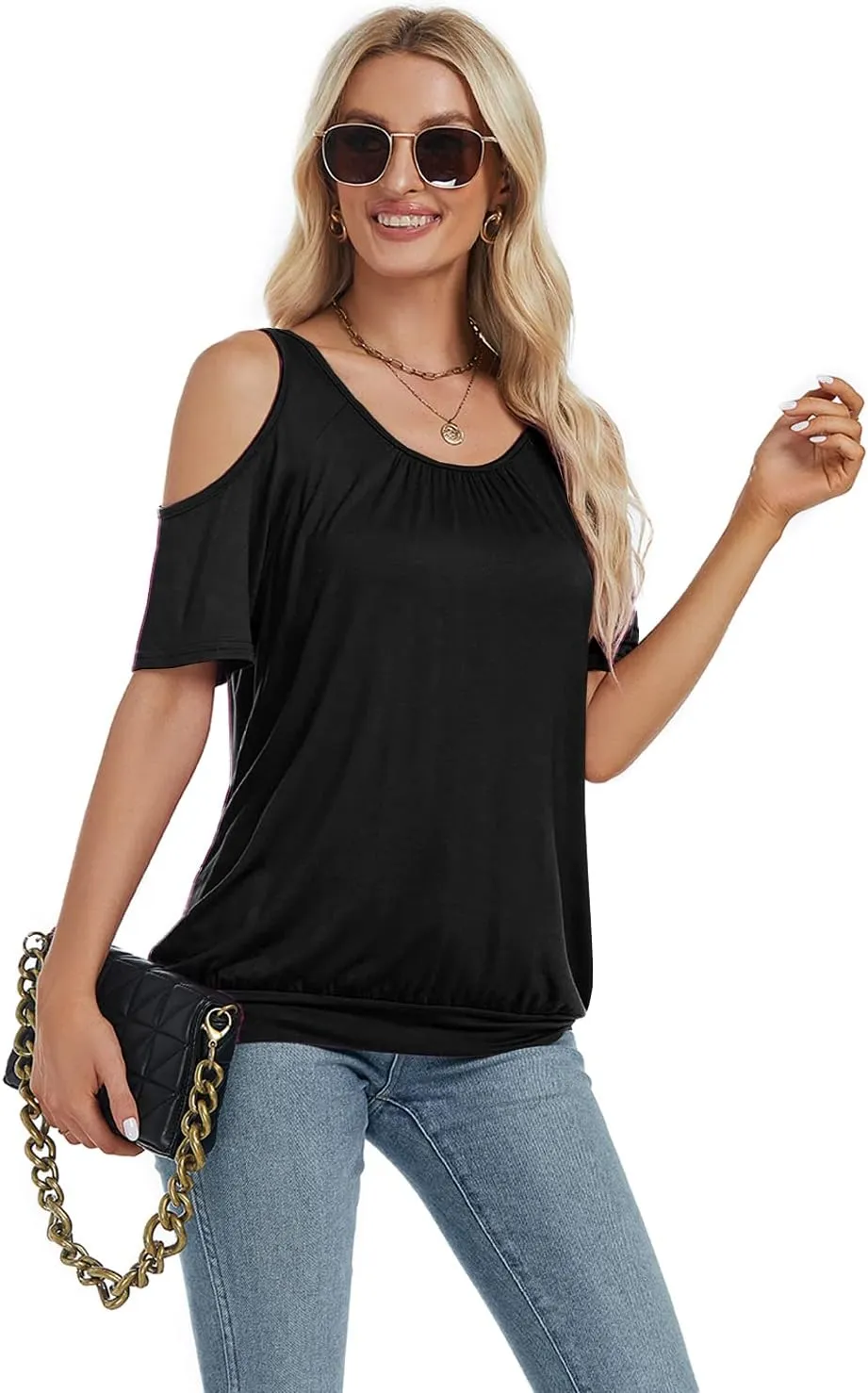 LEIYEE Womens Cold Shoulder Tops Summer Sexy Casual Short Sleeve Ruched Scoop Neck Banded Bottom Shirts Blouse