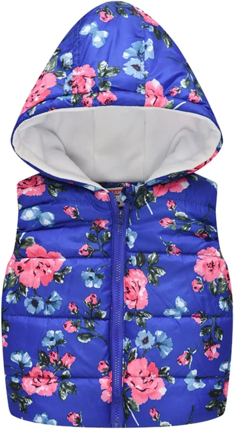 Little Girl Winter Sleeveless Hooded Vest Coat Cartoon Print Jacket Thicken Windproof Zipper Warm Outwear