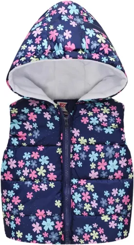 Little Girl Winter Sleeveless Hooded Vest Coat Cartoon Print Jacket Thicken Windproof Zipper Warm Outwear