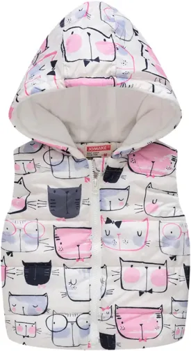 Little Girl Winter Sleeveless Hooded Vest Coat Cartoon Print Jacket Thicken Windproof Zipper Warm Outwear