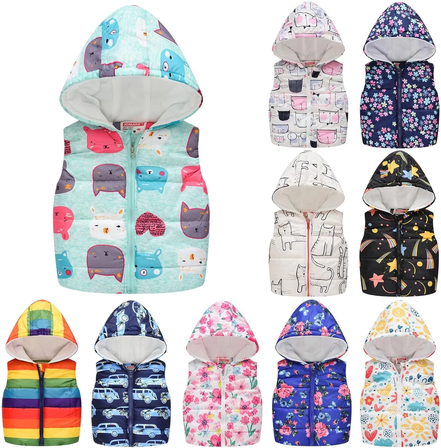 Little Girl Winter Sleeveless Hooded Vest Coat Cartoon Print Jacket Thicken Windproof Zipper Warm Outwear