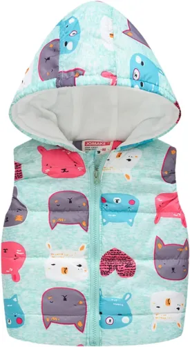 Little Girl Winter Sleeveless Hooded Vest Coat Cartoon Print Jacket Thicken Windproof Zipper Warm Outwear