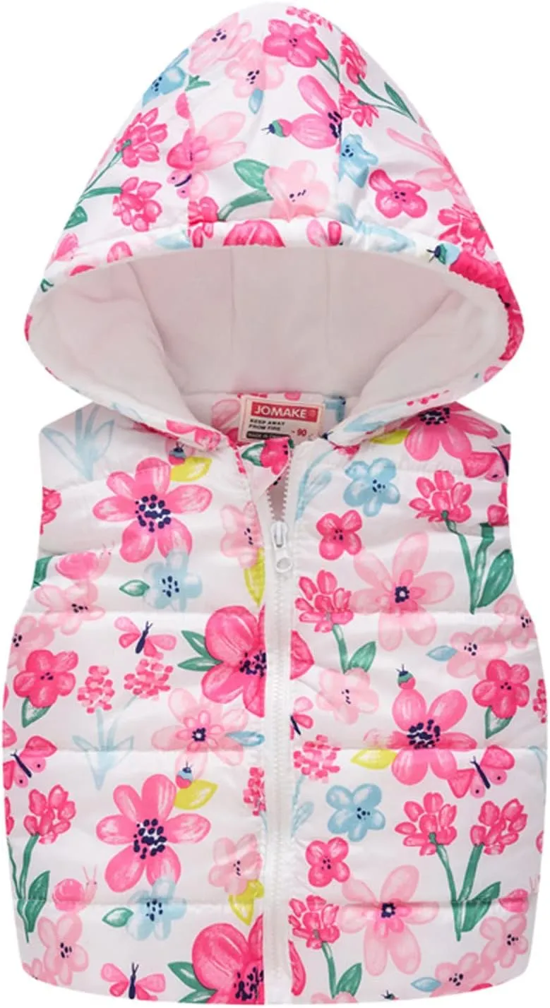 Little Girl Winter Sleeveless Hooded Vest Coat Cartoon Print Jacket Thicken Windproof Zipper Warm Outwear