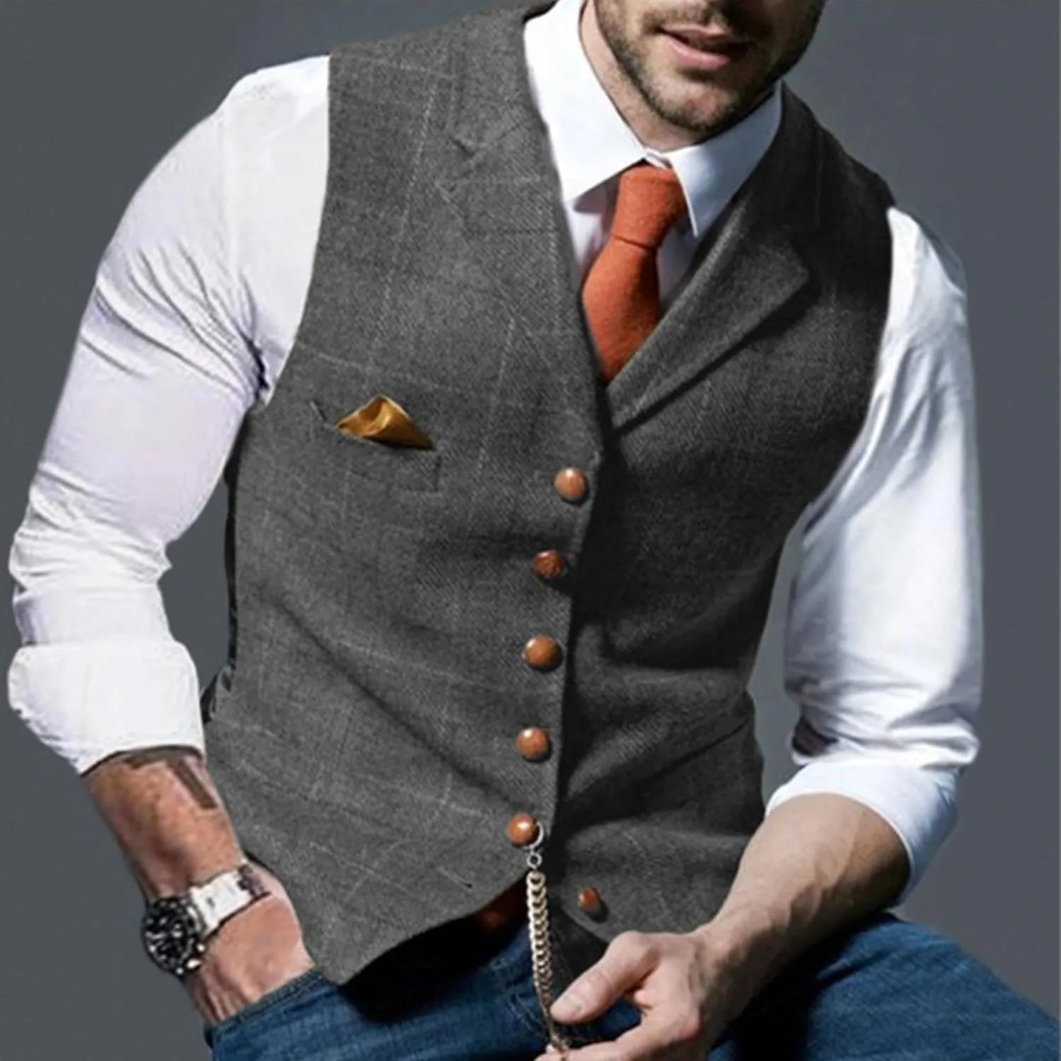 Maiyifu-GJ Men's Tweed Plaid Business Suit Vest Casual Tailored Collar Wool Waistcoat Twill Formal Dress Wedding Tuxedo Vest