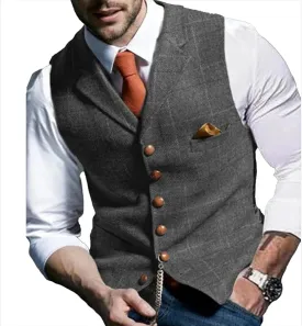 Maiyifu-GJ Men's Tweed Plaid Business Suit Vest Casual Tailored Collar Wool Waistcoat Twill Formal Dress Wedding Tuxedo Vest