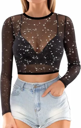 MANGOPOP Women's Short Sleeve Long Sleeve Sheer Mesh Crop Tops Tee Shirt Blouse