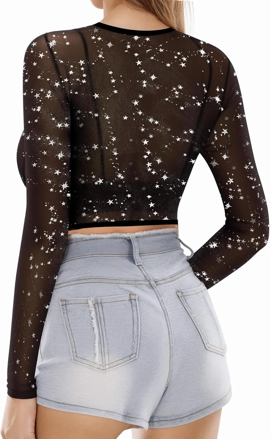 MANGOPOP Women's Short Sleeve Long Sleeve Sheer Mesh Crop Tops Tee Shirt Blouse