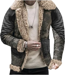 Mens Faux Leather Print Jacket Fleece Lined Warm Thickened Casual Coat Full Zip Up Collar Overshirt with Pockets