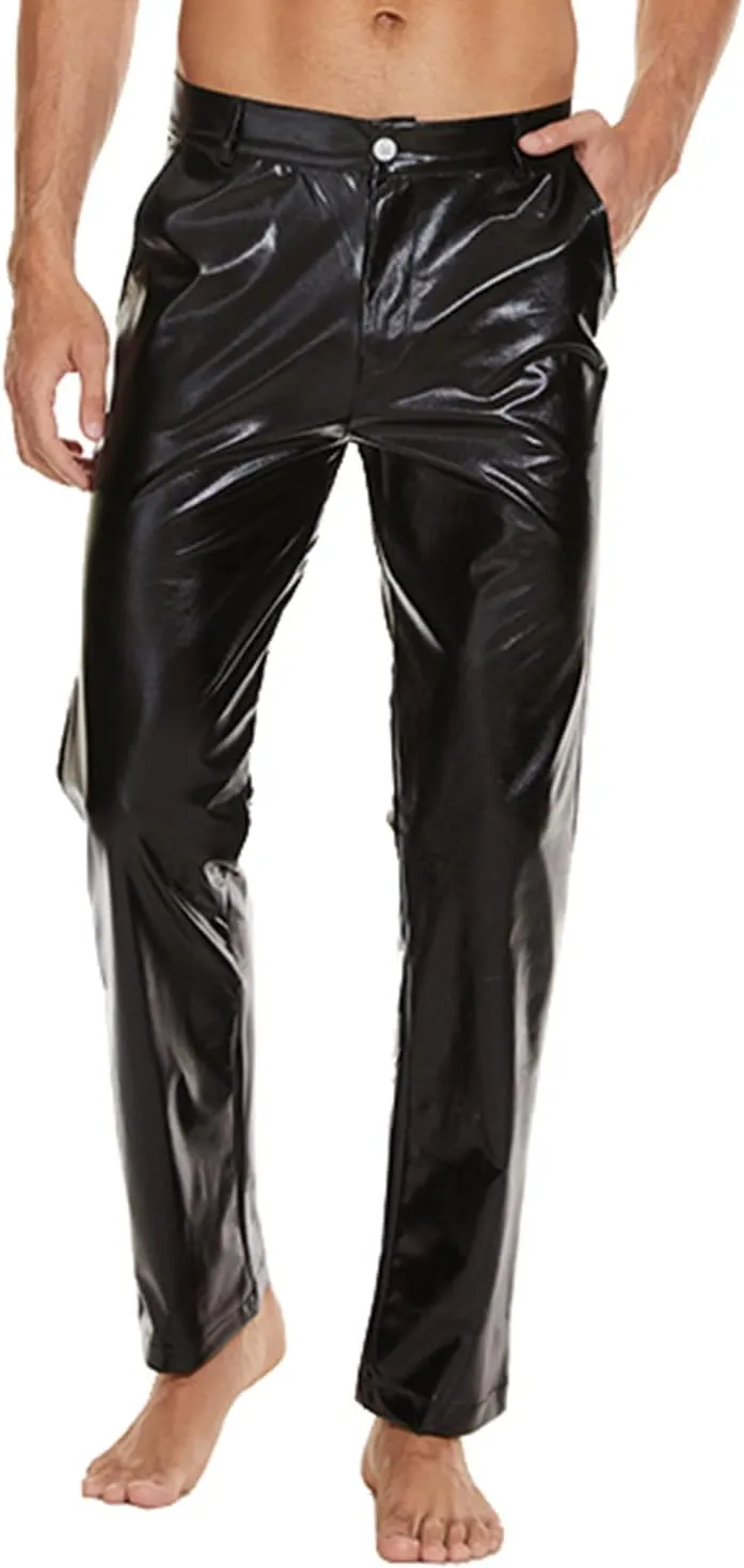 Mens Metallic Shiny Disco Pants, Wet Look Party Dance Straight Leg Trousers, 70s/80s Festival Rave Cosplay Leather Pants