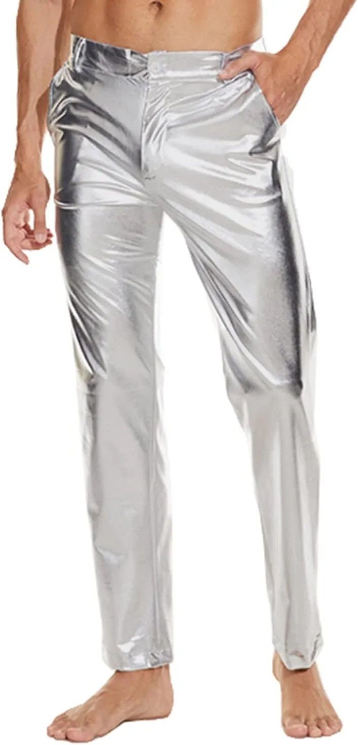 Mens Metallic Shiny Disco Pants, Wet Look Party Dance Straight Leg Trousers, 70s/80s Festival Rave Cosplay Leather Pants