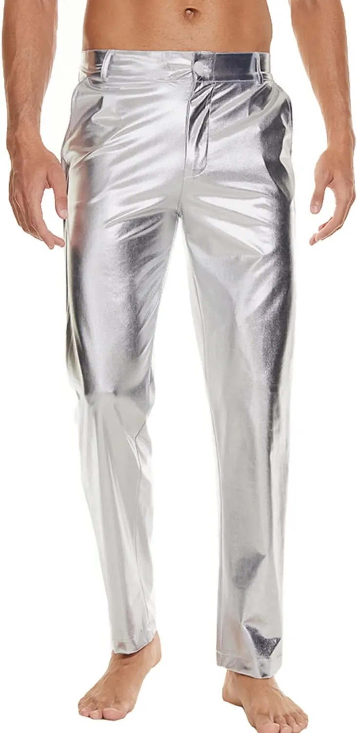 Mens Metallic Shiny Disco Pants, Wet Look Party Dance Straight Leg Trousers, 70s/80s Festival Rave Cosplay Leather Pants