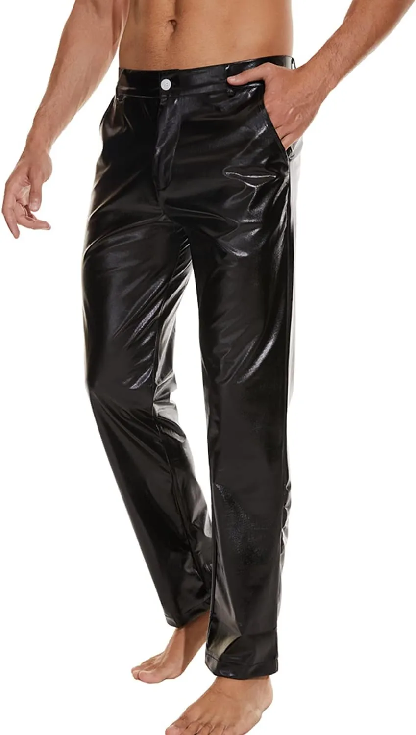 Mens Metallic Shiny Disco Pants, Wet Look Party Dance Straight Leg Trousers, 70s/80s Festival Rave Cosplay Leather Pants