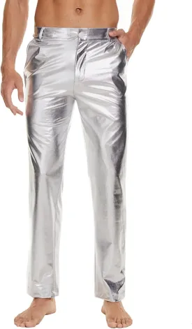 Mens Metallic Shiny Disco Pants, Wet Look Party Dance Straight Leg Trousers, 70s/80s Festival Rave Cosplay Leather Pants