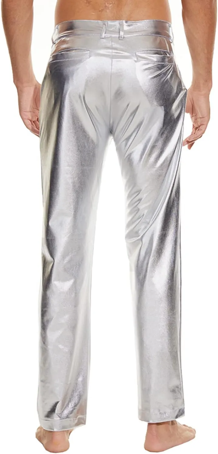 Mens Metallic Shiny Disco Pants, Wet Look Party Dance Straight Leg Trousers, 70s/80s Festival Rave Cosplay Leather Pants