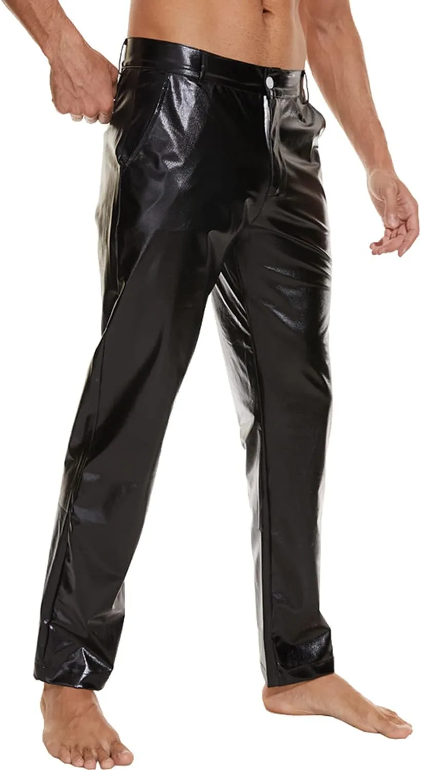 Mens Metallic Shiny Disco Pants, Wet Look Party Dance Straight Leg Trousers, 70s/80s Festival Rave Cosplay Leather Pants