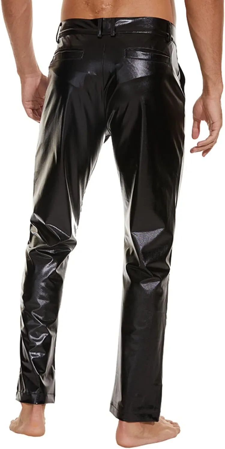 Mens Metallic Shiny Disco Pants, Wet Look Party Dance Straight Leg Trousers, 70s/80s Festival Rave Cosplay Leather Pants