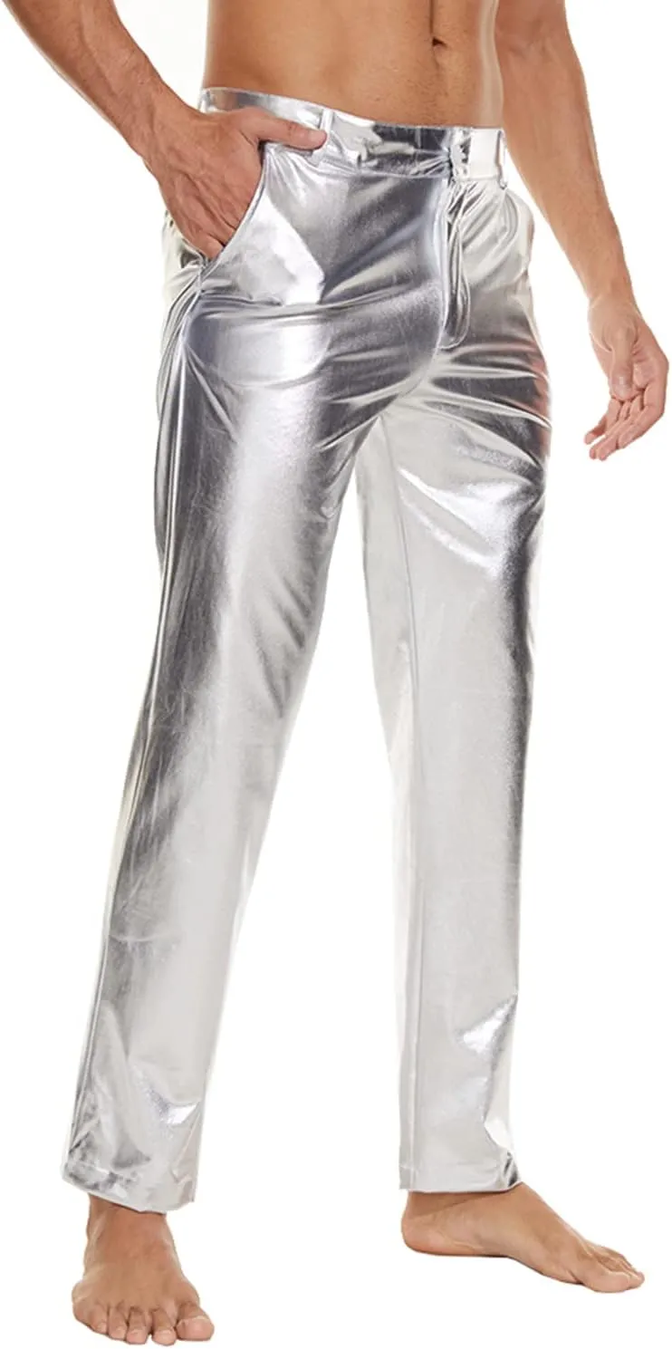 Mens Metallic Shiny Disco Pants, Wet Look Party Dance Straight Leg Trousers, 70s/80s Festival Rave Cosplay Leather Pants