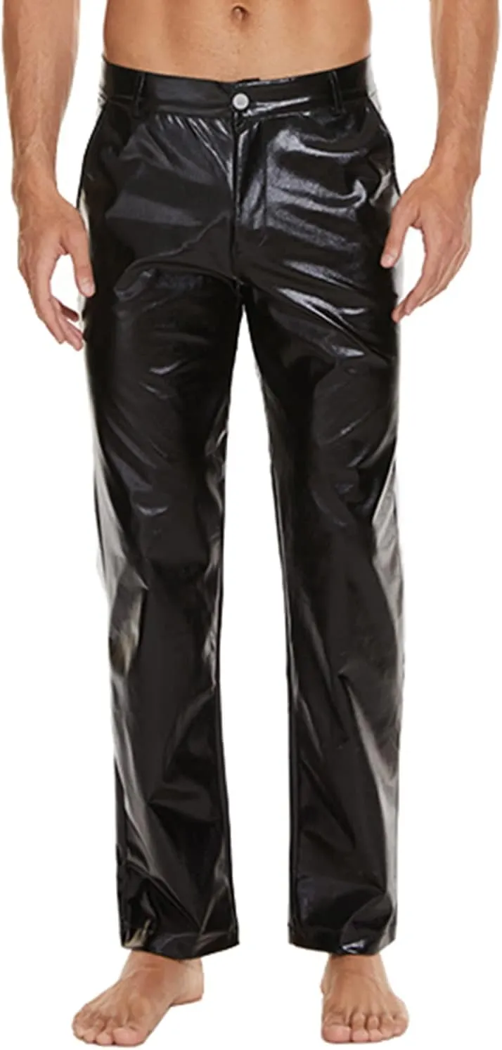 Mens Metallic Shiny Disco Pants, Wet Look Party Dance Straight Leg Trousers, 70s/80s Festival Rave Cosplay Leather Pants