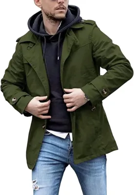 Men's Trench Coat Slim Fit Windbreaker Casual Windproof Jacket Men Big and Tall Spring Fall Midweight Peacoat