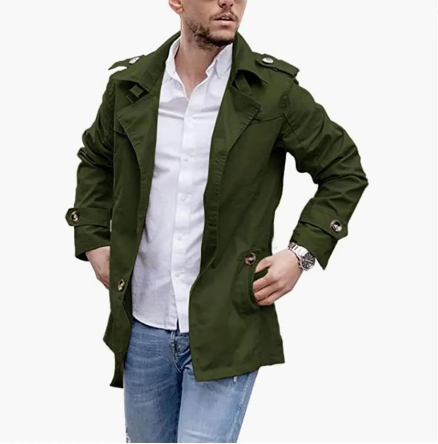Men's Trench Coat Slim Fit Windbreaker Casual Windproof Jacket Men Big and Tall Spring Fall Midweight Peacoat