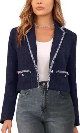 M.Infisavo Women's Crop Tweed Blazer 2025 Fashion Elegant Notch Lapel Open Front Cardigan Casual Office Jacket Pockets