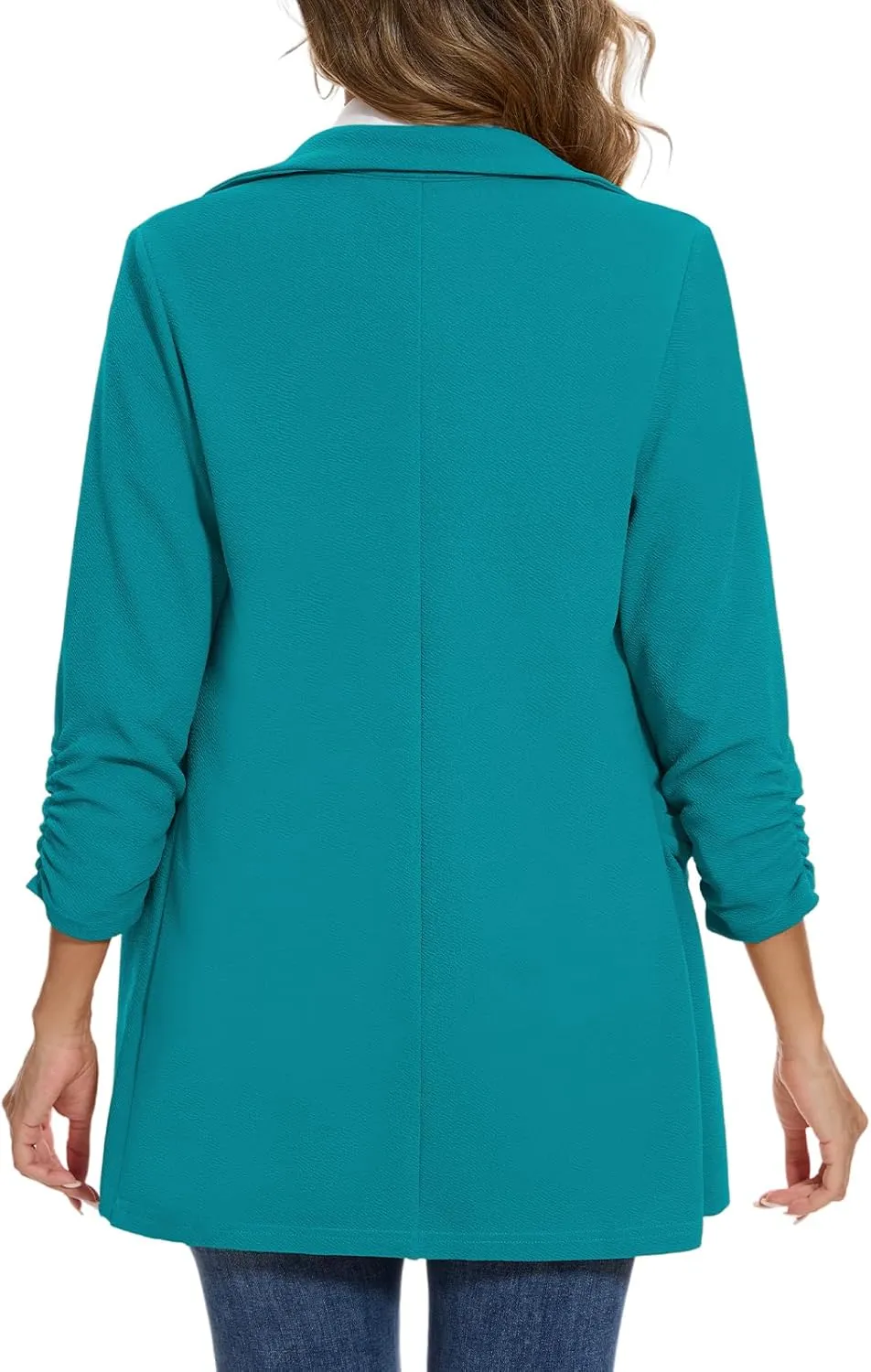 MINTLIMIT Women's Casual Long Blazer 3/4 Ruched Sleeve Lapel Button Front Work Office Blazers Suit Jacket with Pockets
