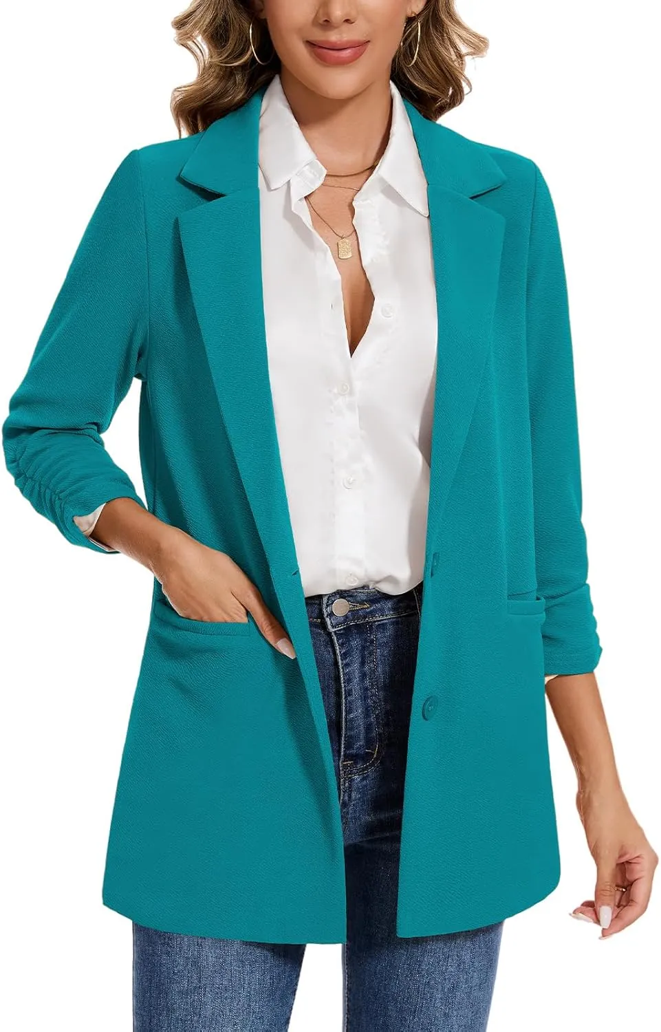 MINTLIMIT Women's Casual Long Blazer 3/4 Ruched Sleeve Lapel Button Front Work Office Blazers Suit Jacket with Pockets