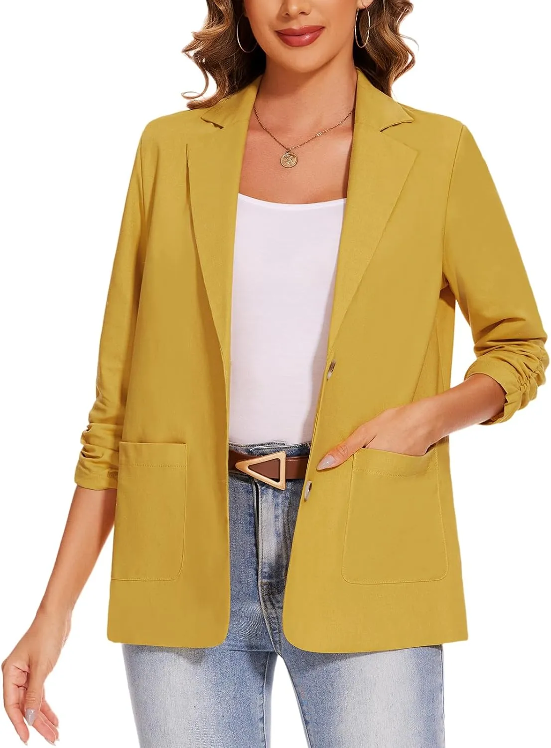 MINTLIMIT Women's Cotton Linen Blazer Jackets Ruched 3/4 Sleeve Summer Casual Lightweight Button Lapel Blazers with Pockets