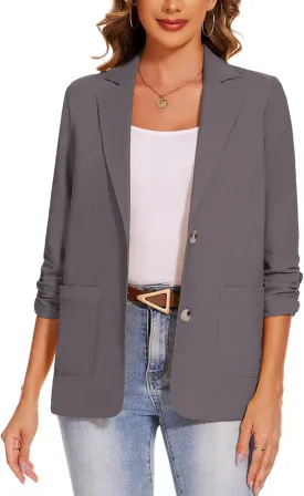 MINTLIMIT Women's Cotton Linen Blazer Jackets Ruched 3/4 Sleeve Summer Casual Lightweight Button Lapel Blazers with Pockets