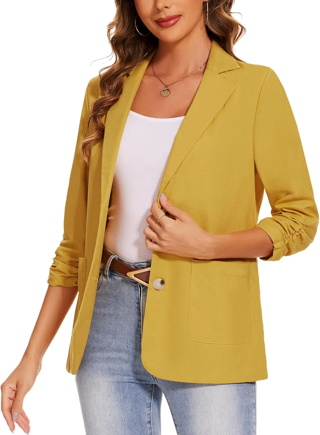 MINTLIMIT Women's Cotton Linen Blazer Jackets Ruched 3/4 Sleeve Summer Casual Lightweight Button Lapel Blazers with Pockets